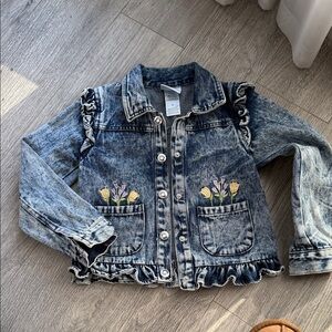 Little Lass Blue Denim Jacket with Floral Details
